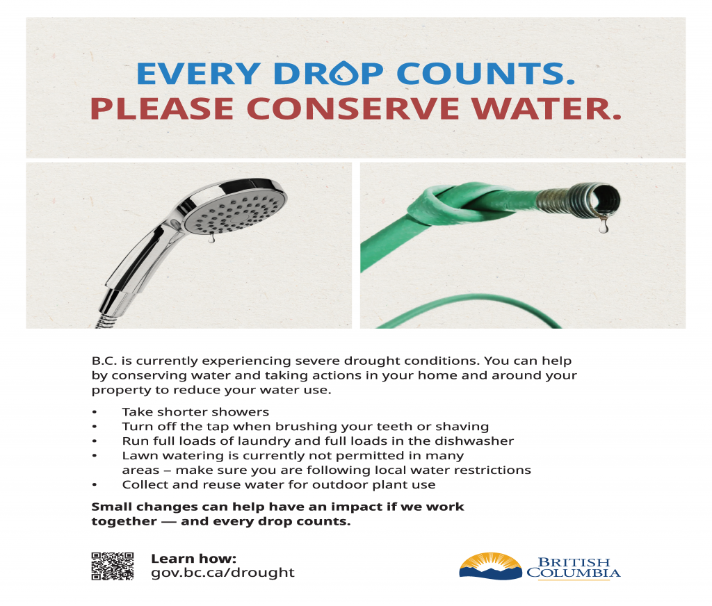 B.C. is currently experiencing severe drought conditions. You can help by conserving water and taking actions in your home and around your property to reduce your water use:
Take shorter showers
Turn off the tap when brushing your teeth or shaving
Run full loads of laundry and full loads in the dishwasher
Lawn watering is currently not permitted in many areas -- make sure you are following local water restrictions
Collect and reuse water for outdoor plant use
Small changes can have a big impact if we work together -- and every drop counts.